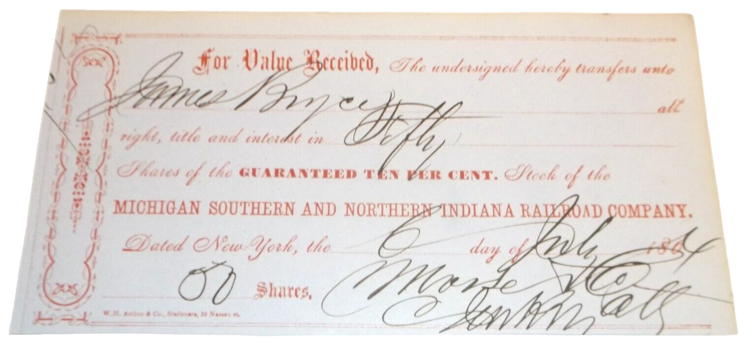 1864 MICHIGAN SOUTHERN AND NORTHERN INDIANA RAILROAD LS&MS NYC STOCK TRANSFER