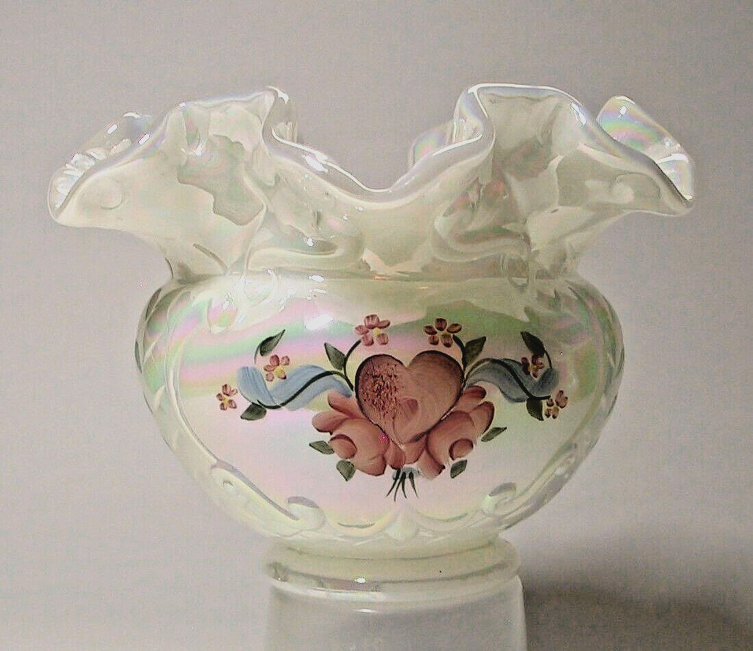 Beautiful Vintage Fenton Hand Painted Ruffled Edge Rose Bowl Vase, Signed S Hart