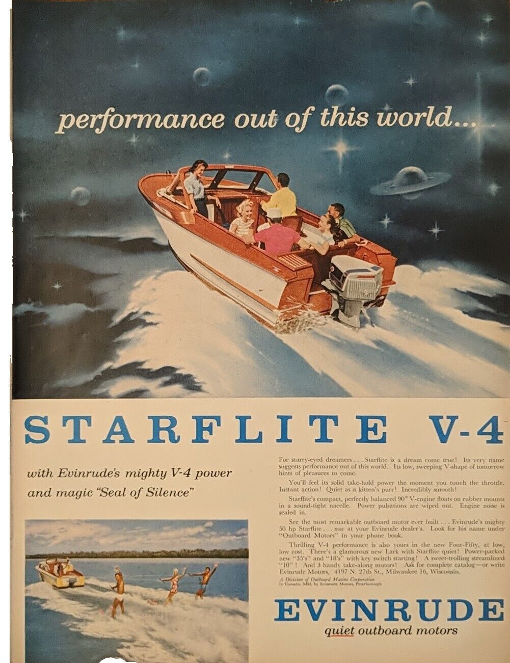 1958 Vintage Evinrude 50hp Starflite Outboard Motor V-4 Engine 