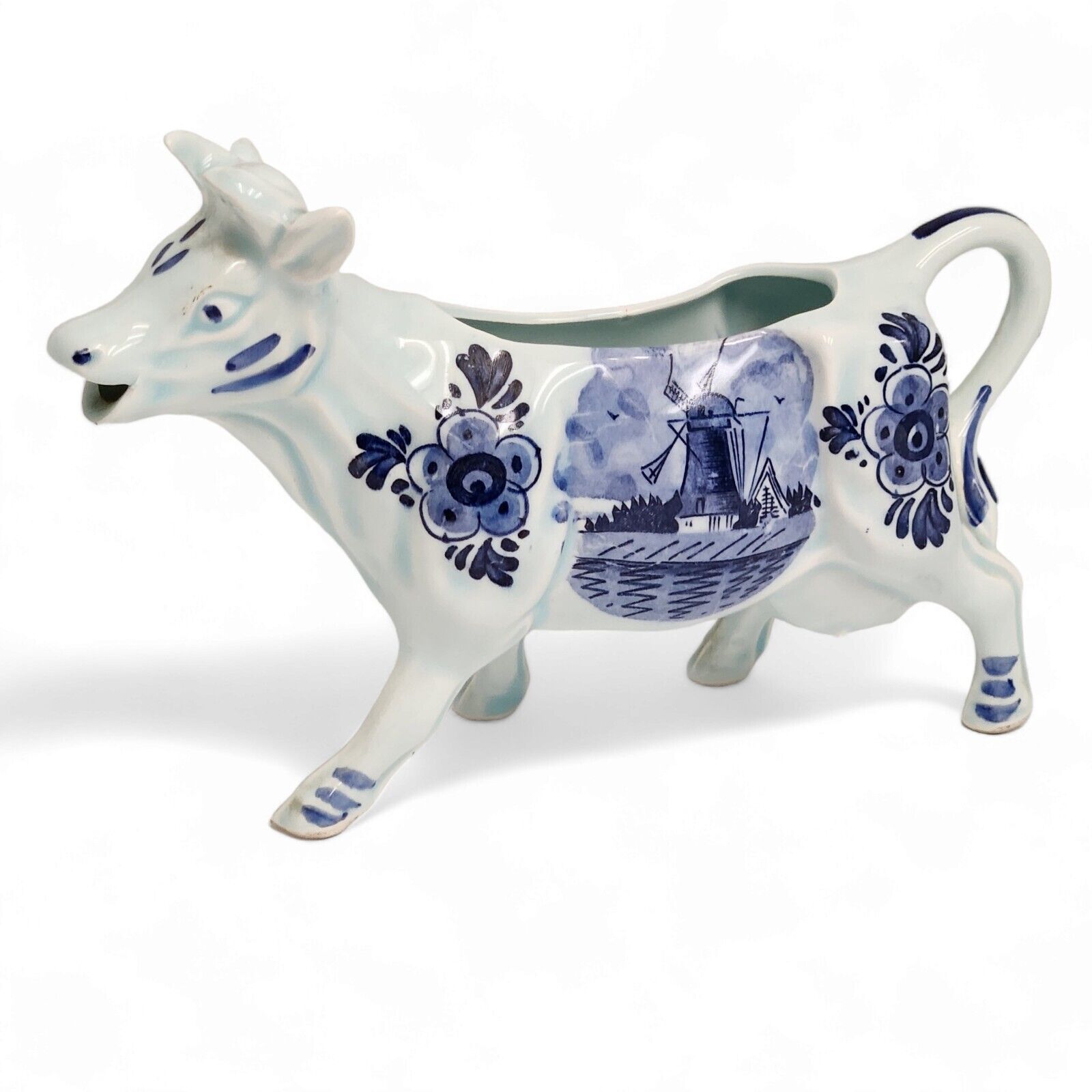 Vintage DBL Delft Holland Windmill Hand Painted Ceramic White Blue Cow Creamer