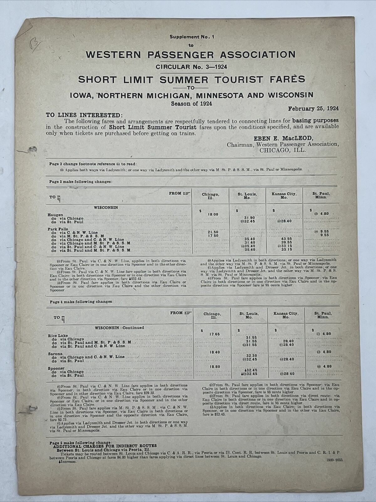 1924 WESTERN PASSENGER ASSOCIATION Circular 3 Supplement No. 1 SHORT LIMIT FARES