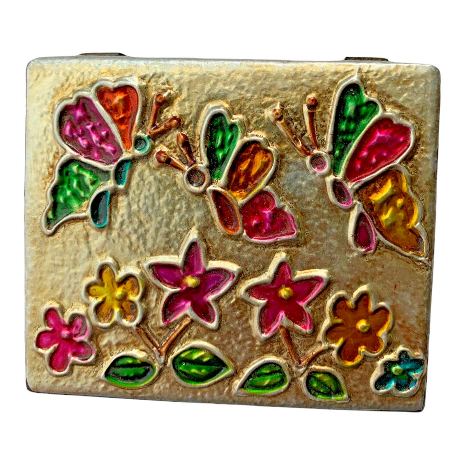 Vintage Beautiful Jeweled Butterfly Flower Trinket Jewelry Box 3.5”X 3.5 X1.5”