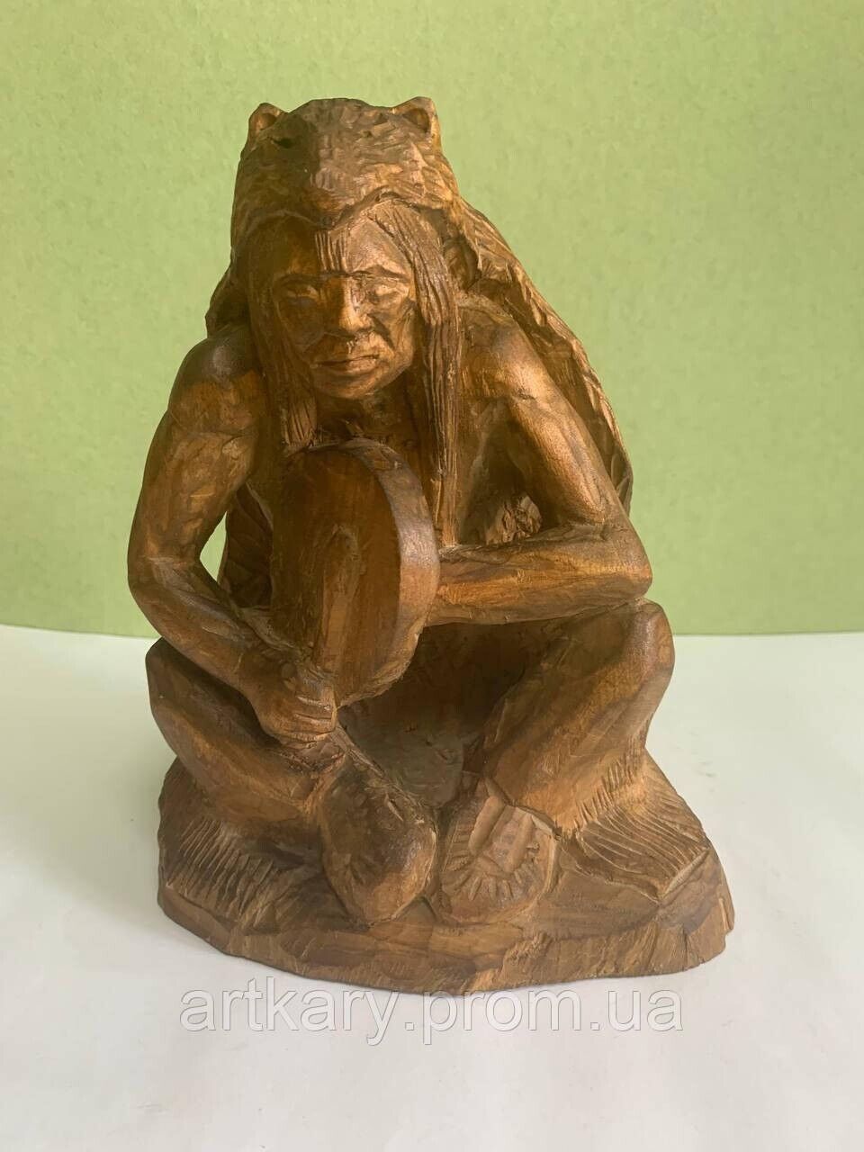 Vintage Wooden statue of warrior with tambourine Hand Carved