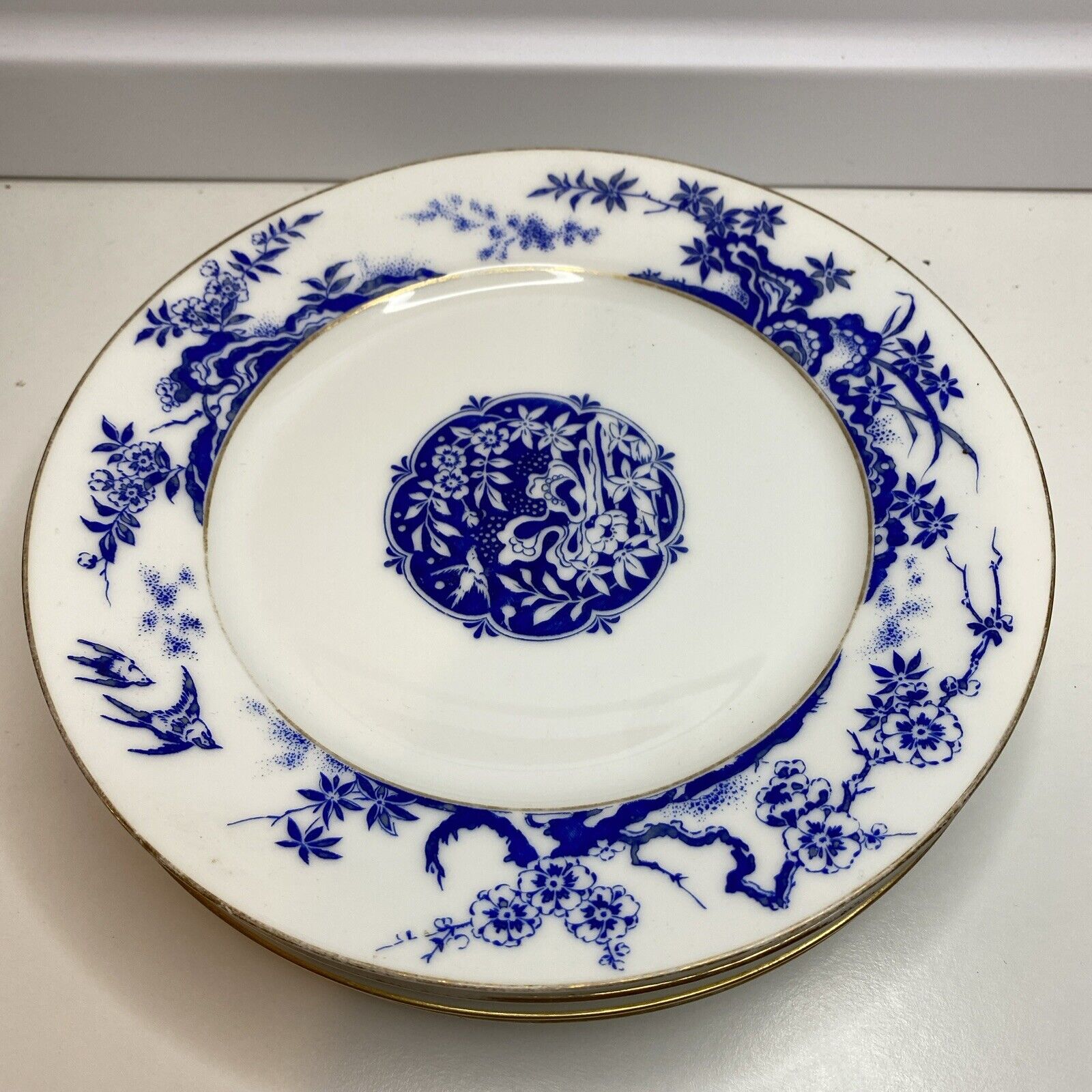 Antique Set Of 4 Haviland Limoges Blue Chinoiserie Floral Salad Plates 8.25”W