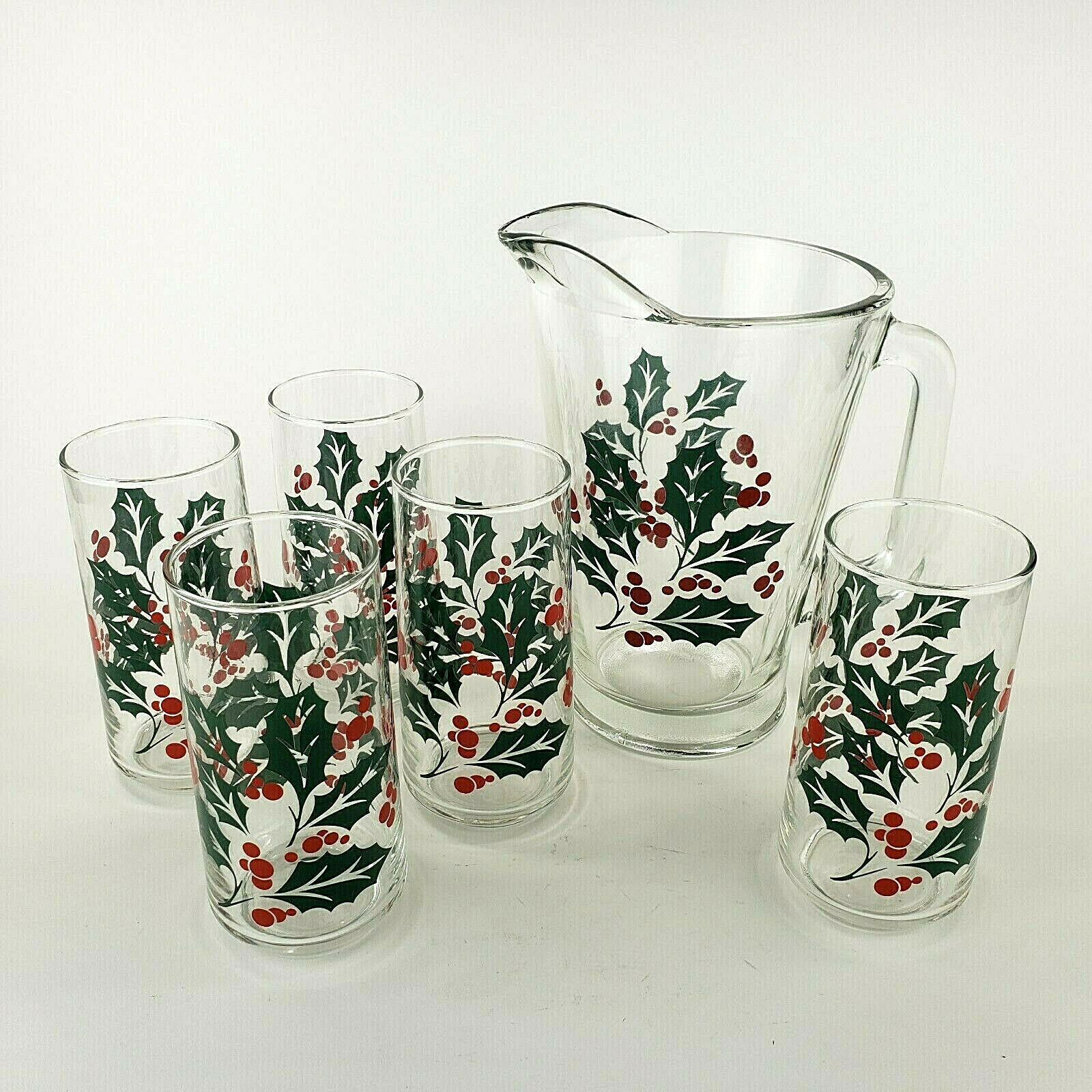 Christmas Holly Berry Pitcher and 5 Glasses Set Luxus Crisa Glass Mexico Vintage