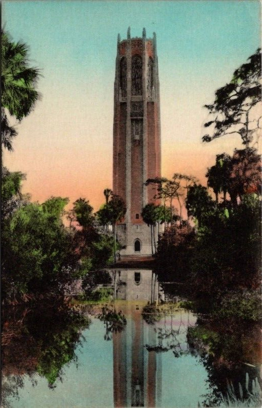 The Singing Tower Bok Bird Sanctuary Florida Hand Colored Vintage Postcard c1930