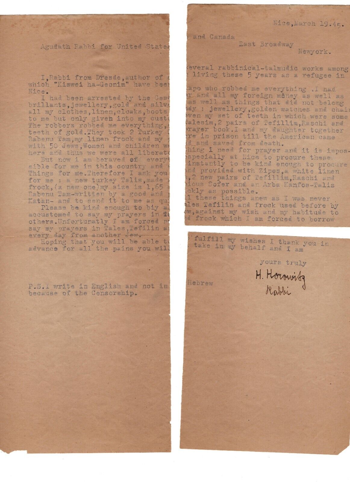 Post Holocaust Letter by Rabbi Tzvi Hirsch Horwitz Rav of Dresden 1945