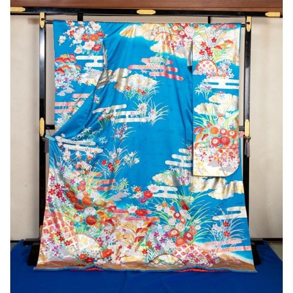 Woman Japanese Kimono Furisode Silk Sky blue Flowers from japan