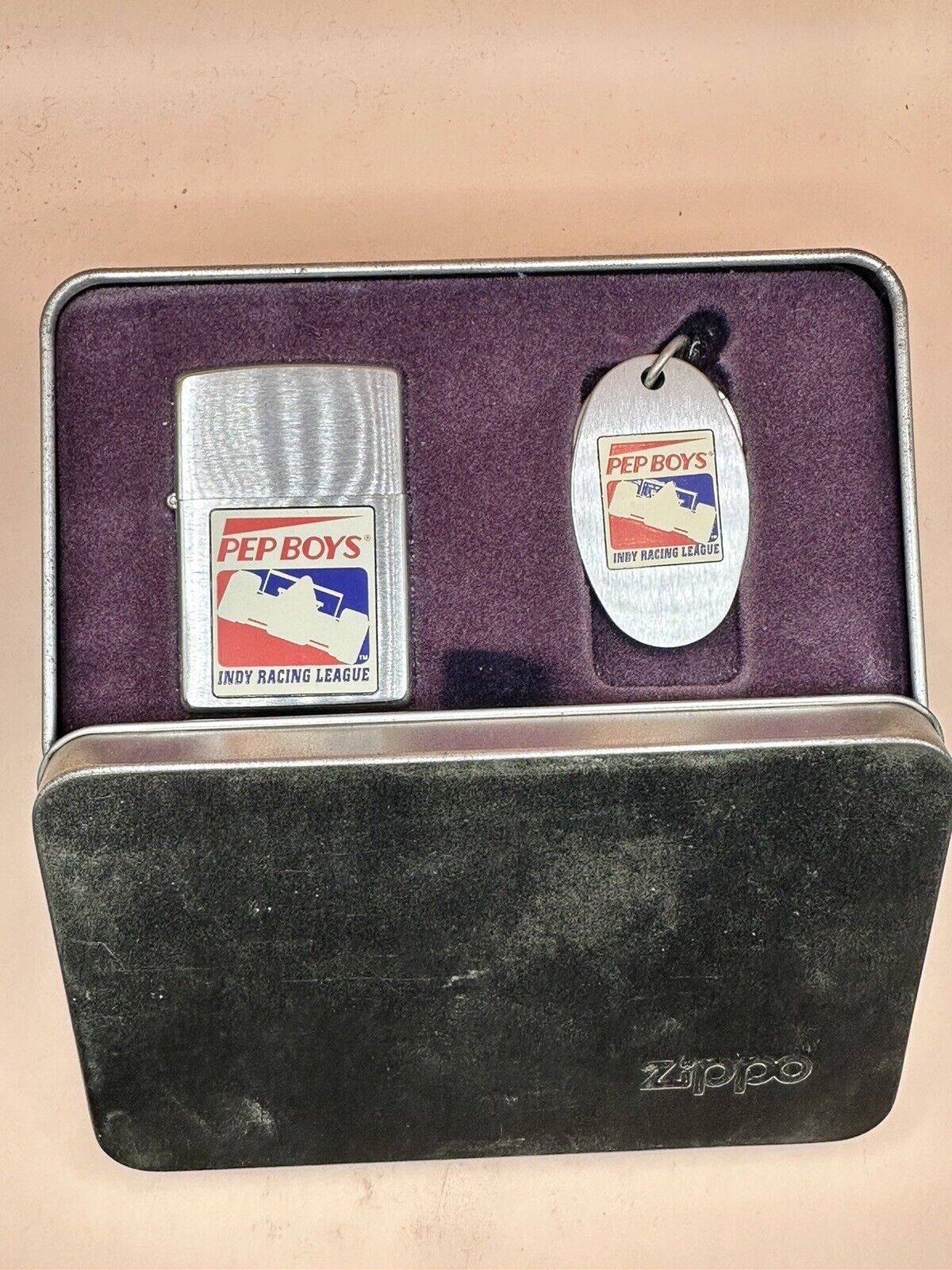 Vintage 1998 Pep Boys Indy Racing League Chrome Zippo Lighter Keychain Gift Set