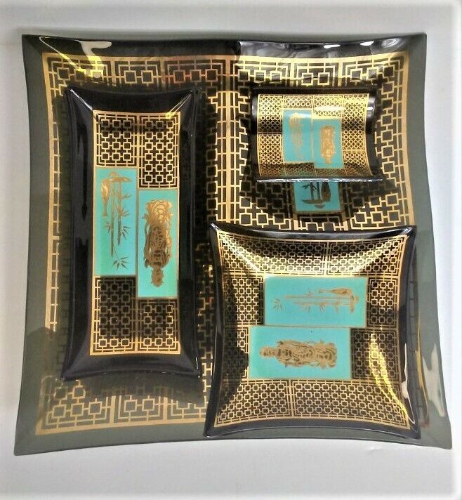 1960s Mid-Century Chinoiserie Smoky, Bent Glass Teal & Gold - 6 pc serving set