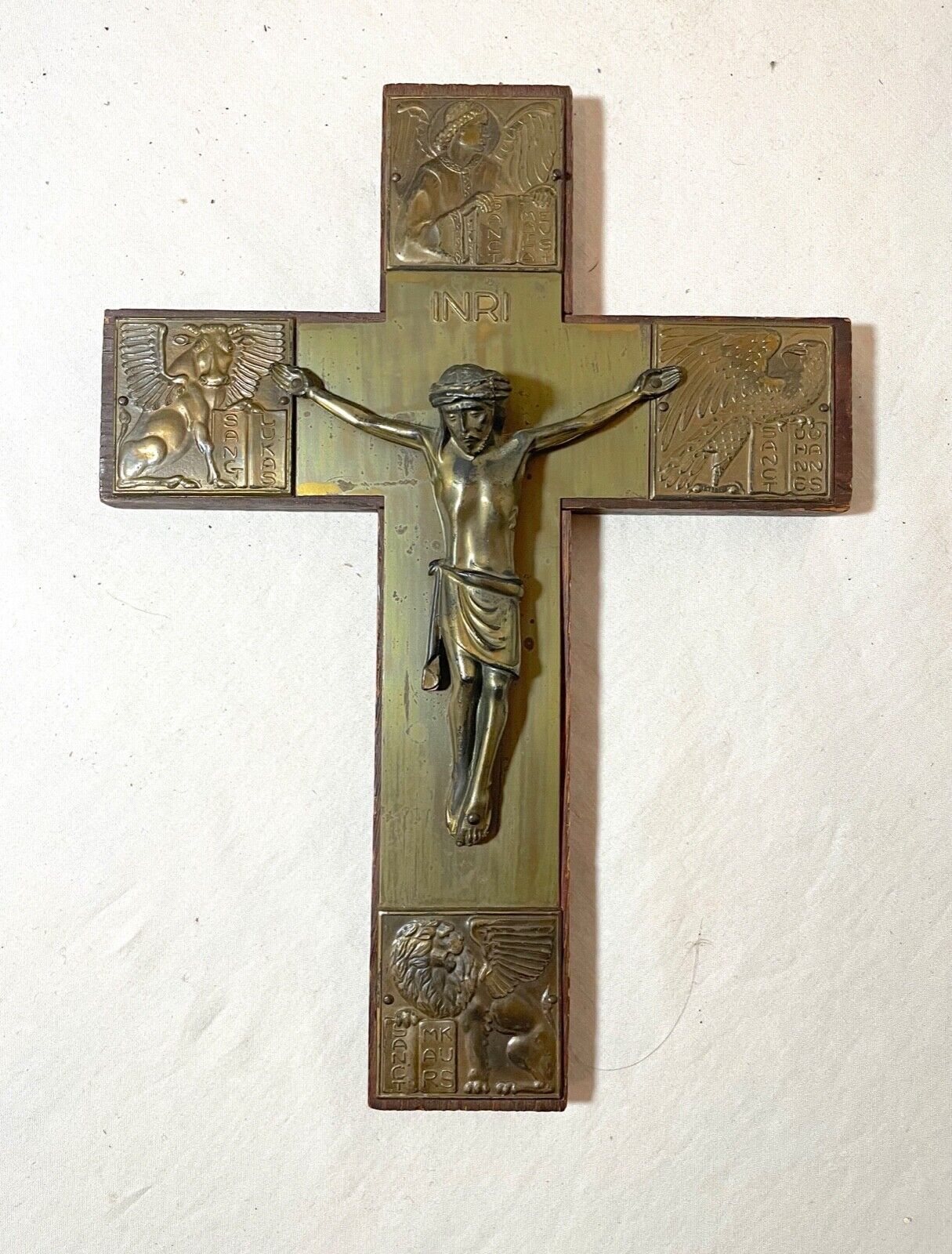 antique ornate Latin wood brass religious wall crucifix cross Jesus Christ art