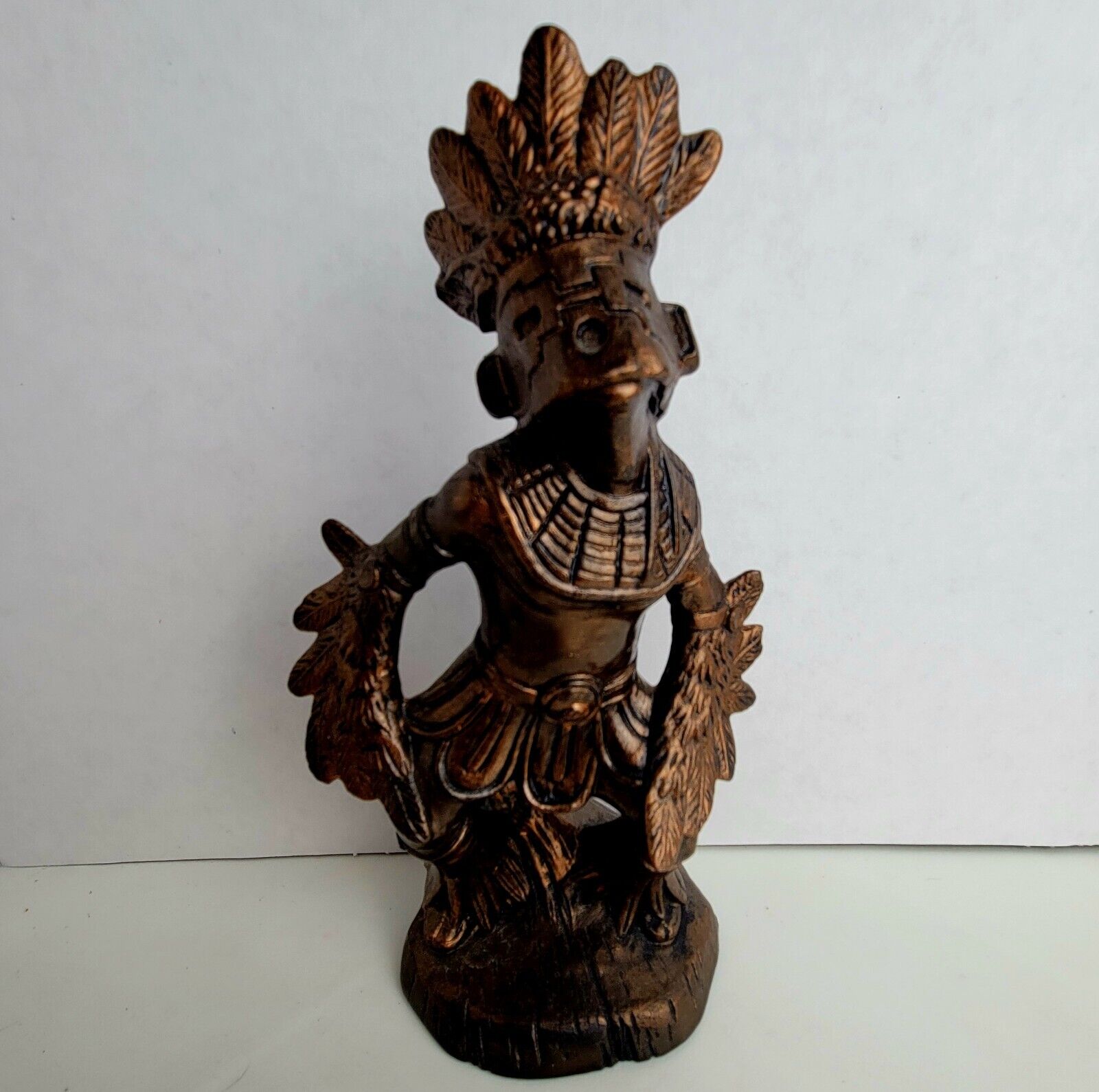 OOAK Bronze Aztec Warrior Tiki Hand Painted Ceramic Statue Home & Bar Decor