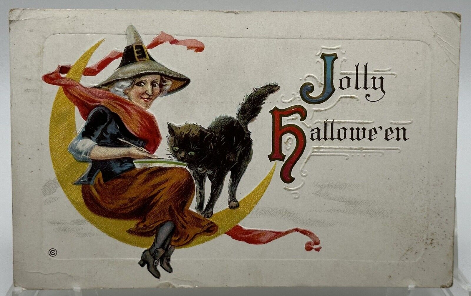 Antique 1914 Jolly Halloween Postcard Brundage Witch Black Cat on Crescent Moon