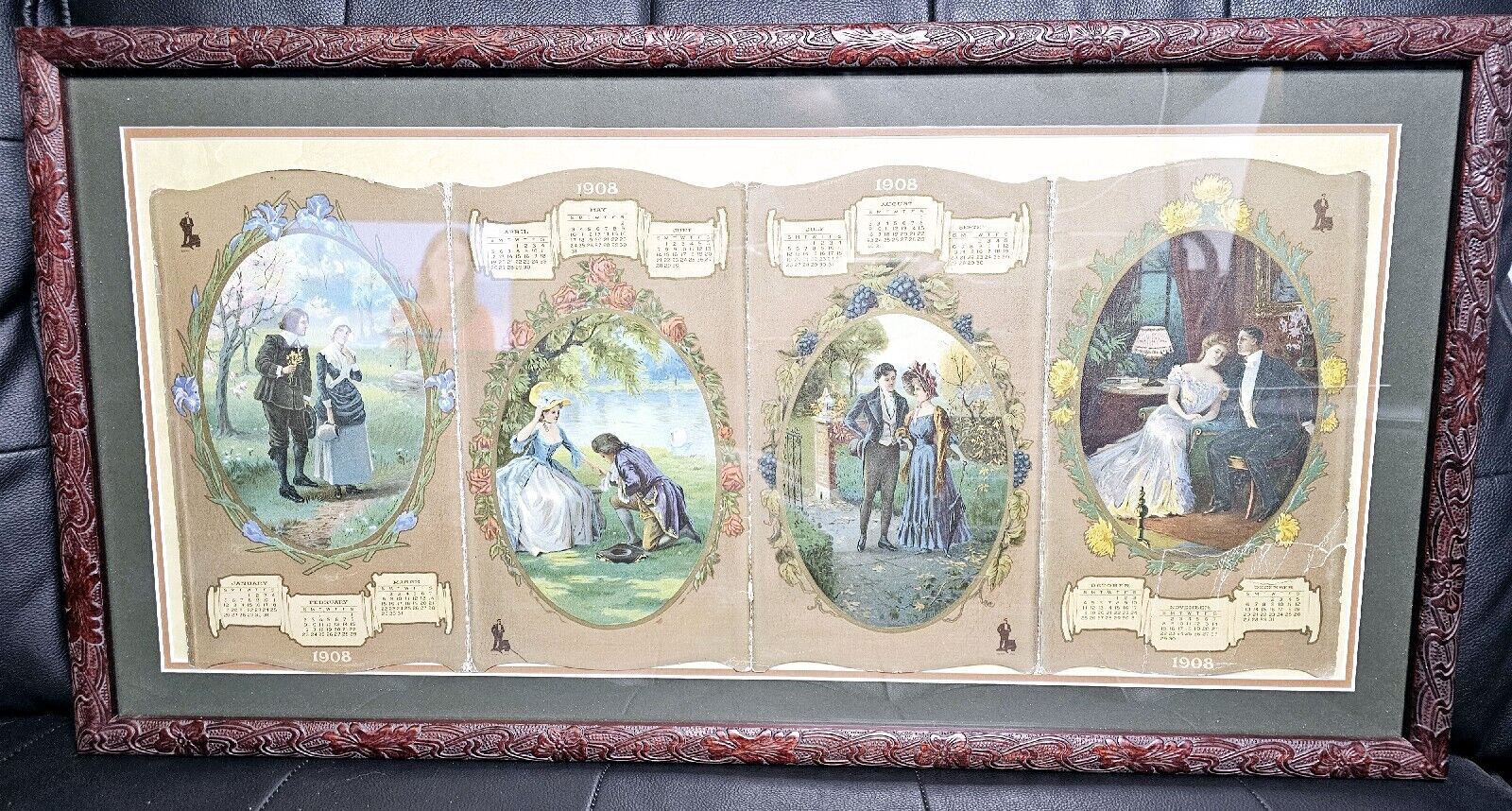 Antique 1908 Young Couples Lithograph Advertising Calendar Beautiful Frame.