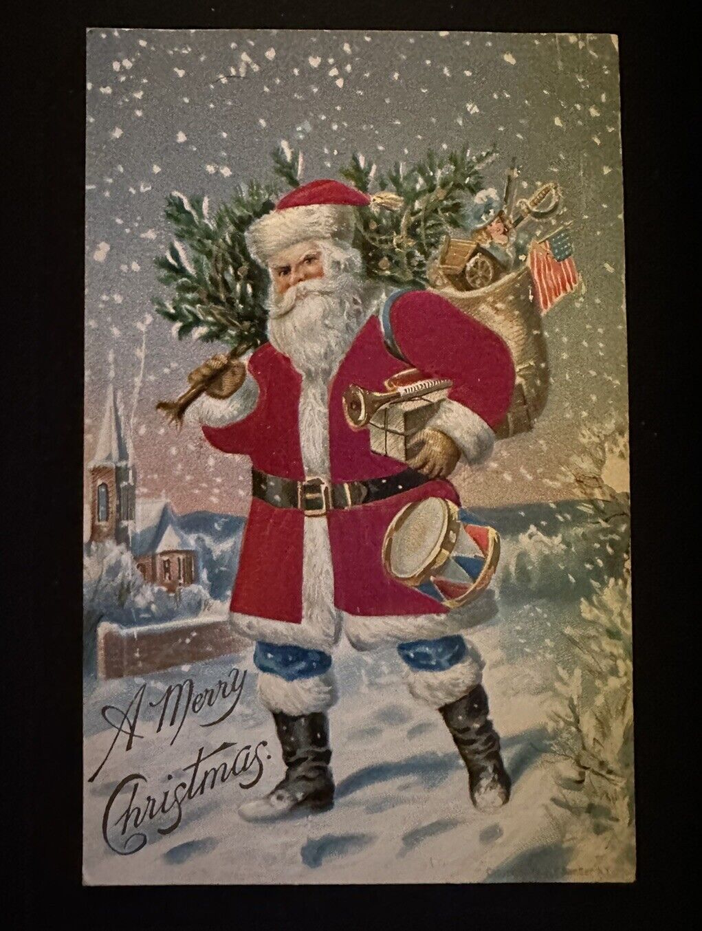 Patriotic SILK Santa Claus~with USA  Flag~Toys~Tree~Antique Xmas Postcard-k477