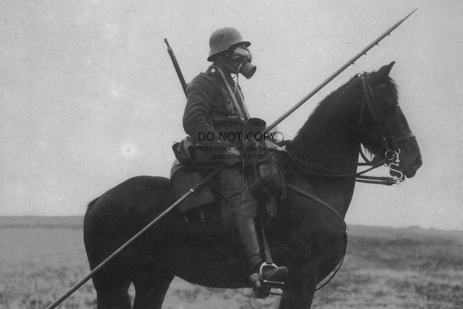GERMAN CALVALRY SOLDIER PATROLING WITH GAS MASK AND LANCE WW1 4X6 PHOTO POSTCARD