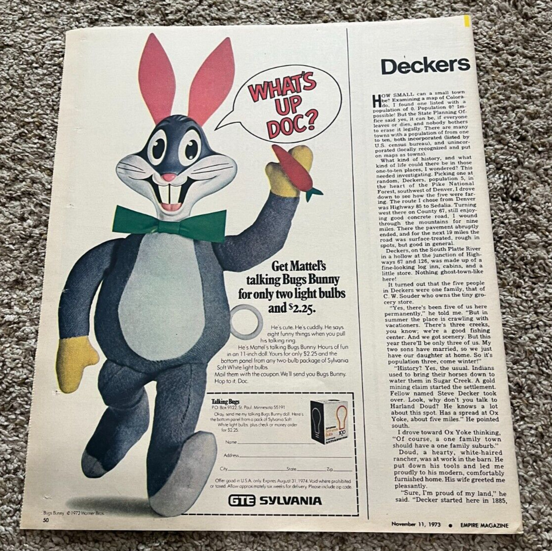 1973 Sylvania GTE Mattel Talking Bugs Bunny Newspaper Print Ad