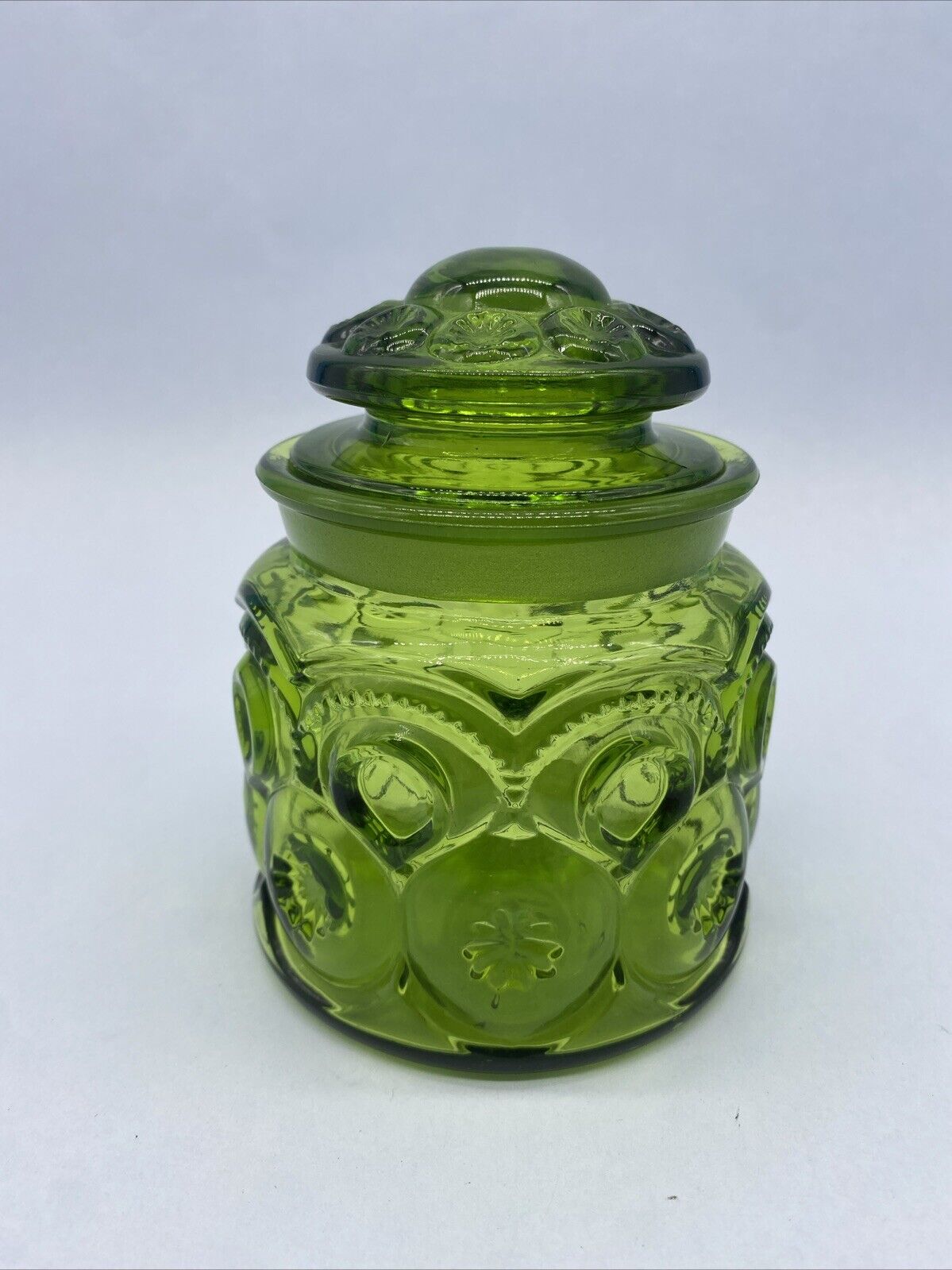 Vintage LE Smith Moon & Stars Green Small 5” Glass Jar 1970’s