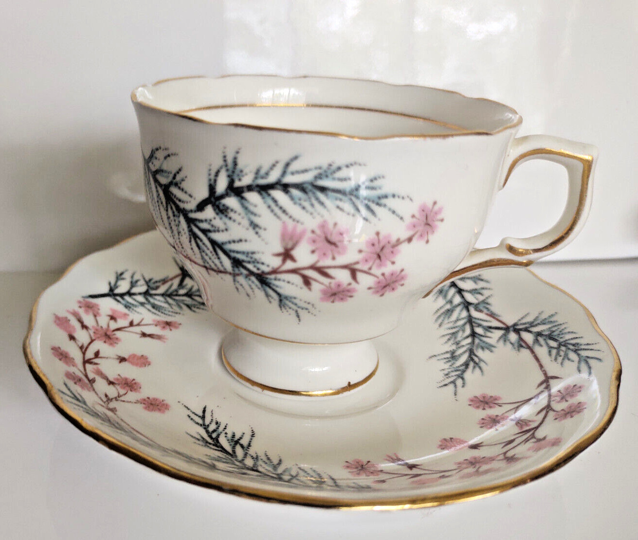 Vintage Colclough Bone China Tea Cup & Saucer England pine needle and pink Flora
