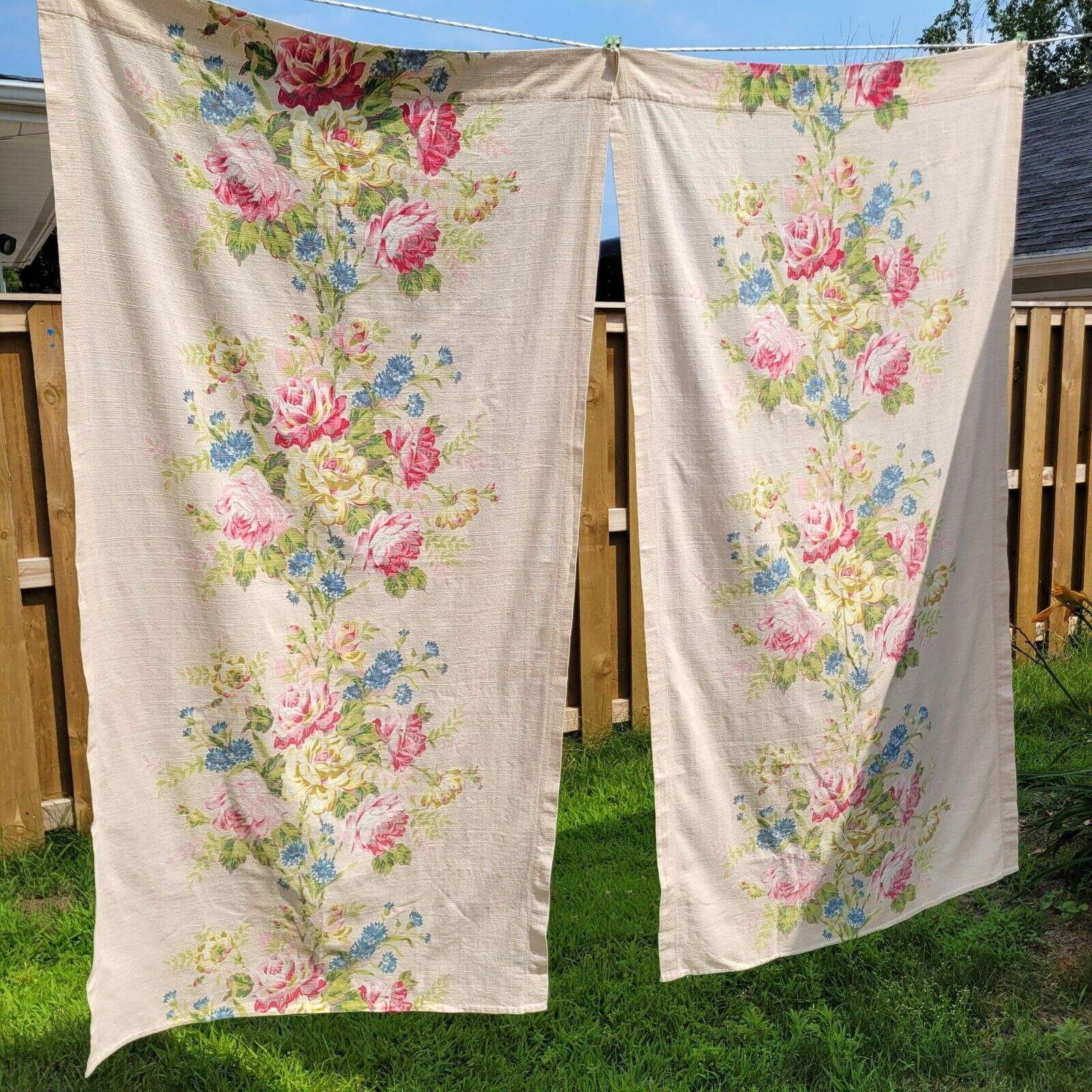 Vtg 40s Barkcloth Floral Curtain Panel Pair 31x61 Rose Cottage French Country