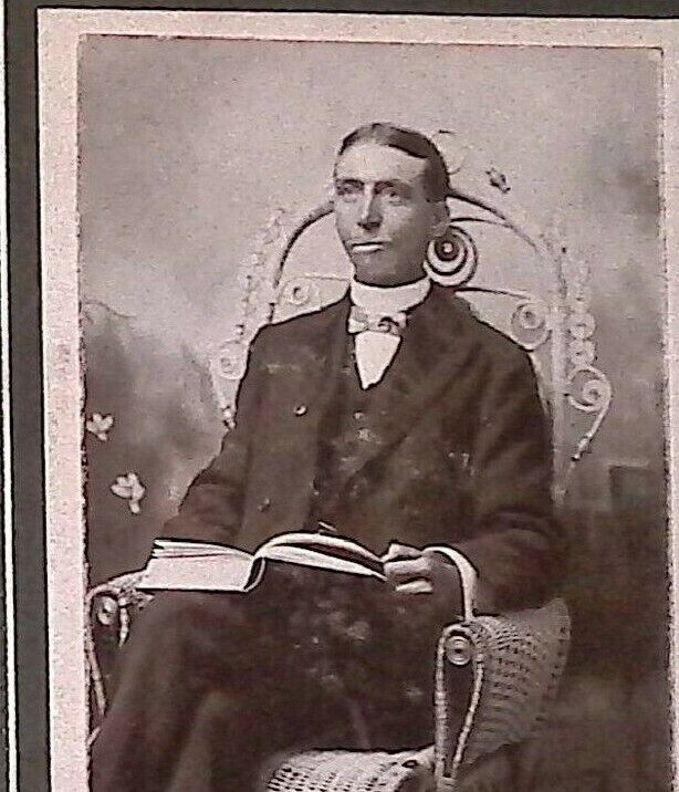 C.1900/10s Photo. Named ID Lucas Laughter. Man Reading Book Bow Tie. Candid.