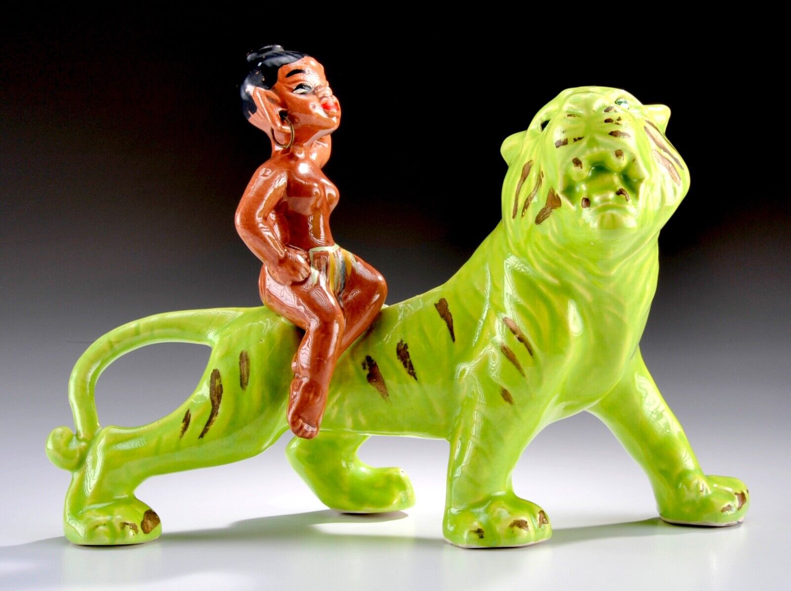 Vintage 1950s MCM Green Ceramic Roar Tiger Table Top Planter  10” Black American