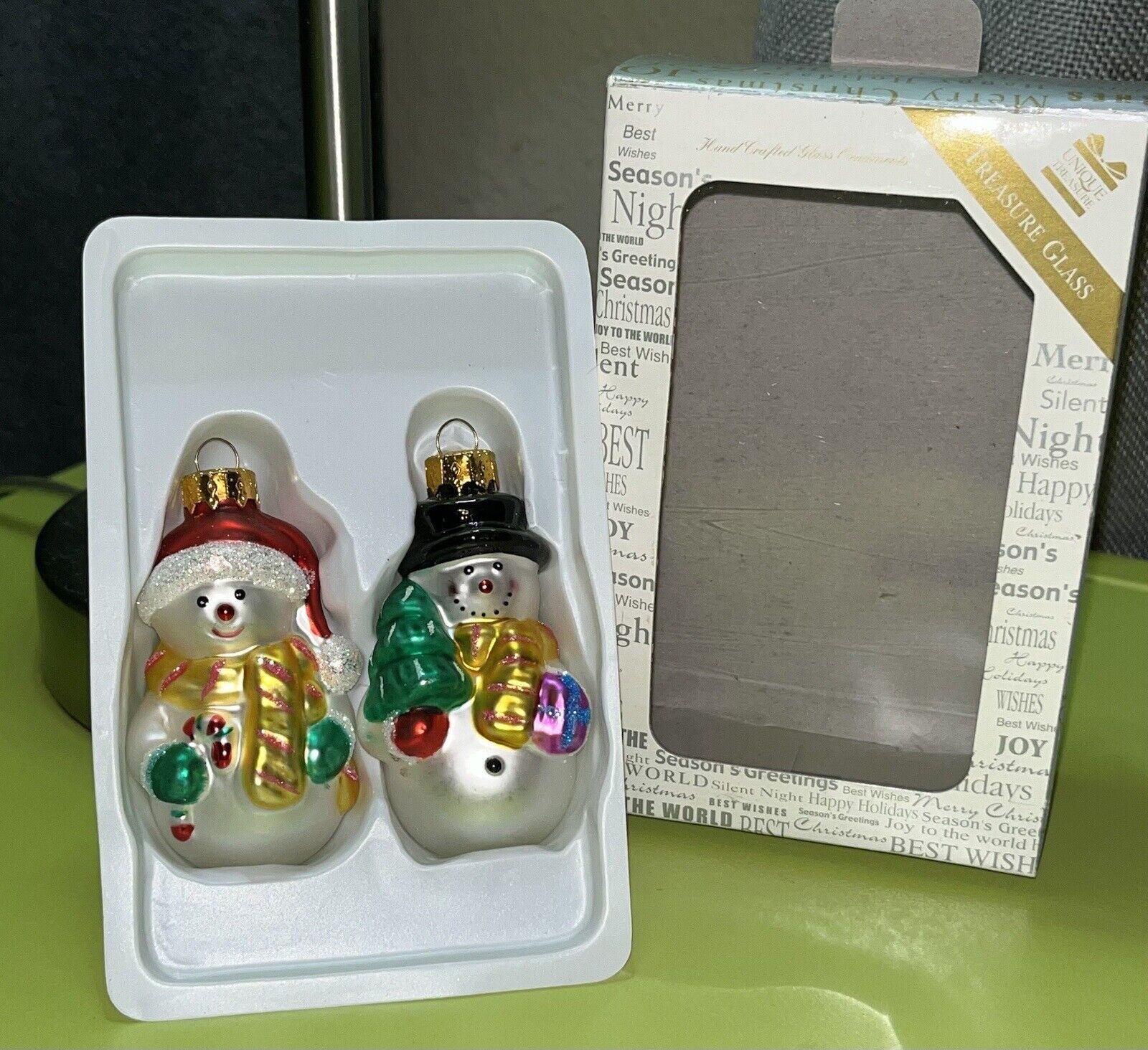 Gorgeous NEW Hand Crafted & Painted Treasure Glass Snowmen Christmas Ornaments