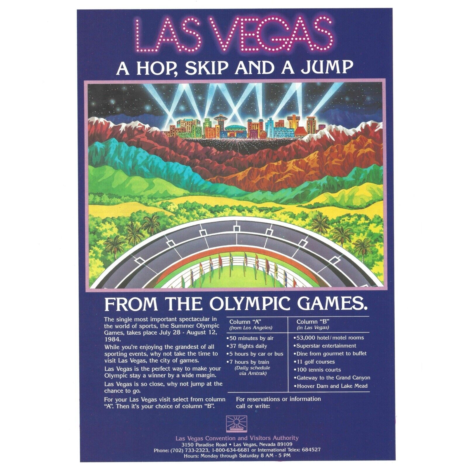 Las Vegas Travel Print Advertisement Vintage 1984 80s LA Olympics Tourism