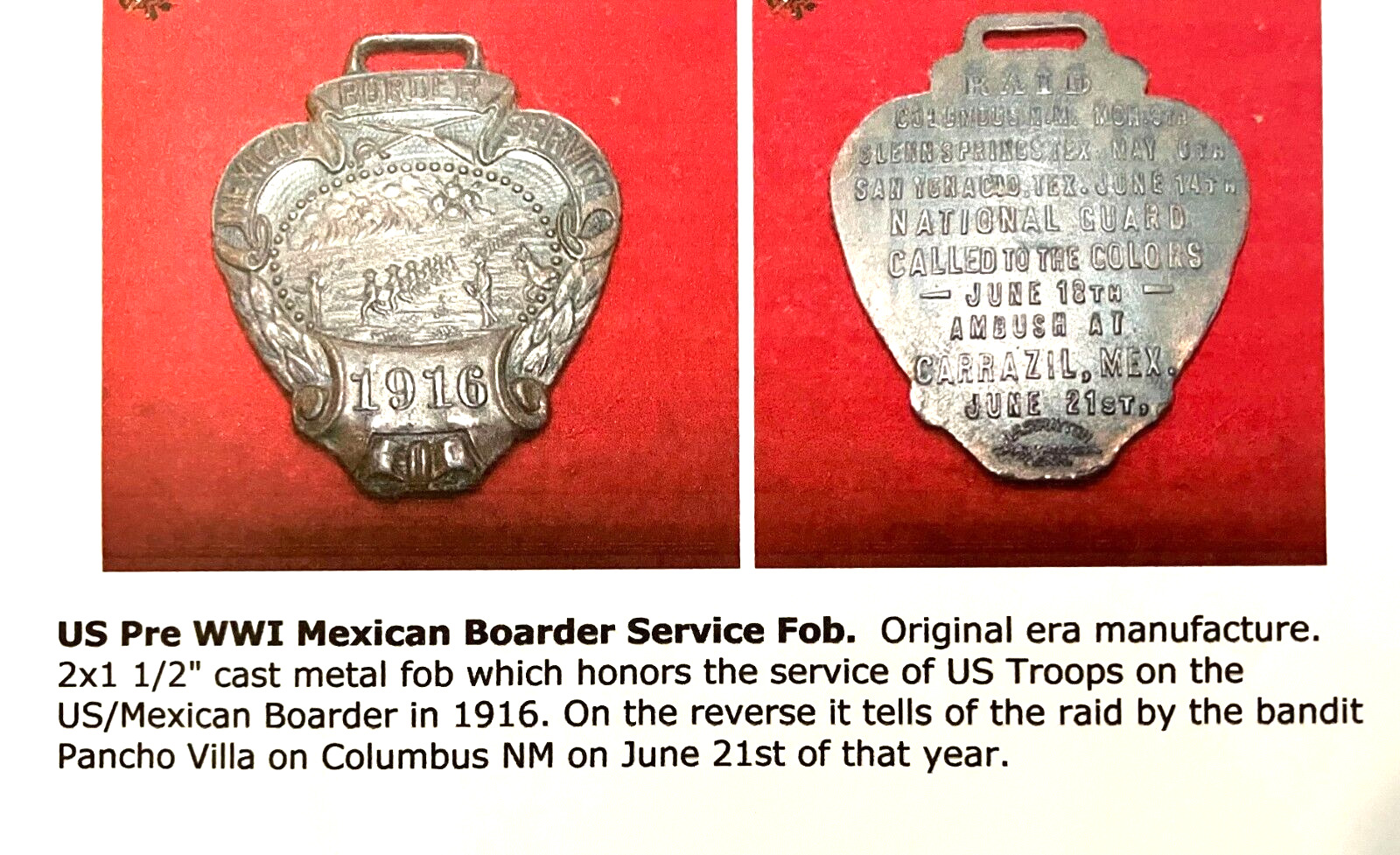 Mexican Border War 1916 Pancho Villa Raid Medal Fob RARE