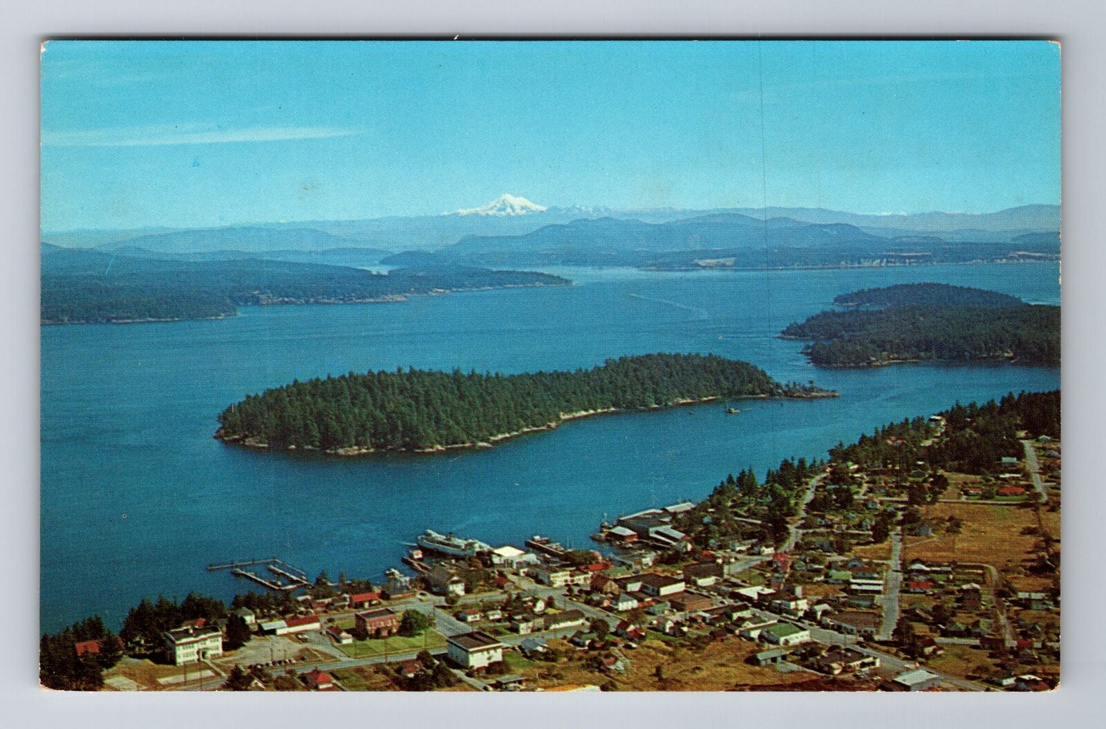 Friday Harbor WA-Washington, Aerial Mt Baker, Antique Vintage Souvenir Postcard