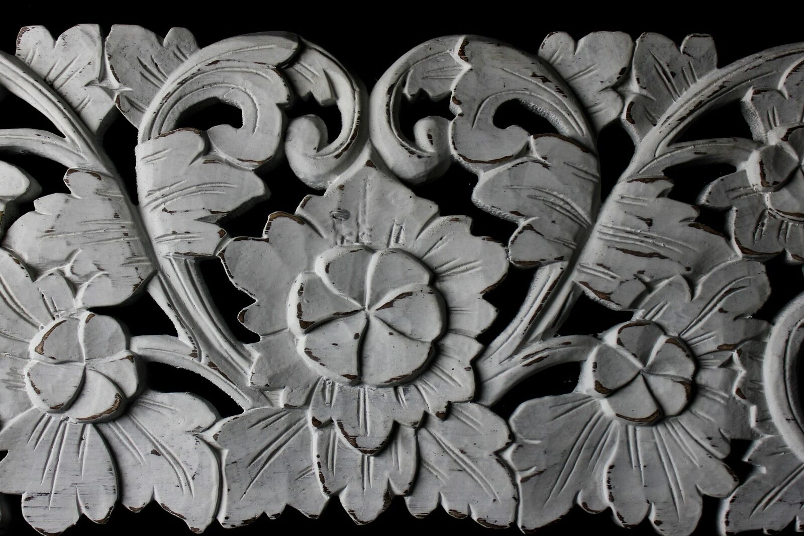 Balinese Lotus Architectural Panel Carved wood Whitewash Bali Art Wall