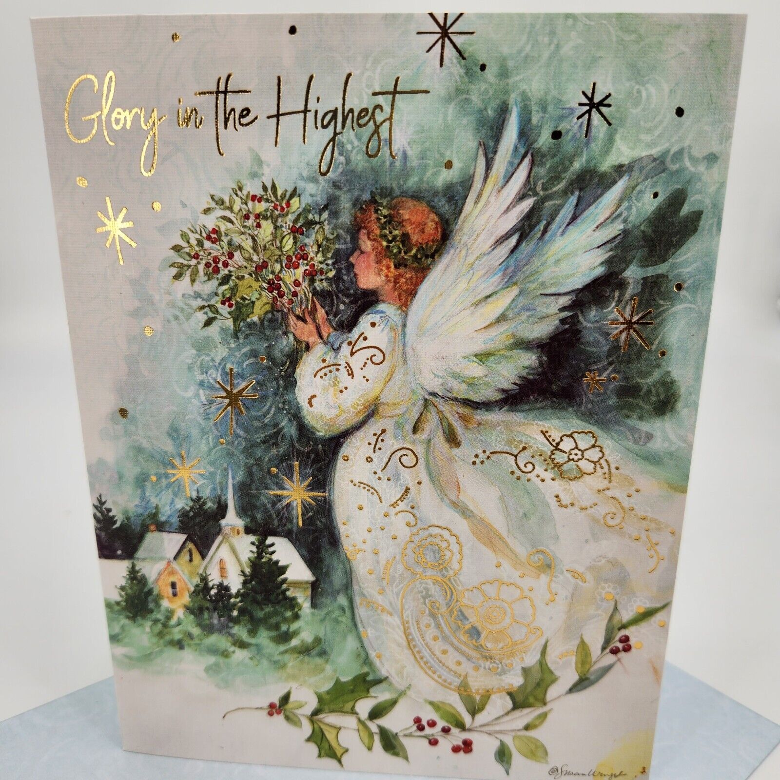 One LANG Linen Gold Foil Christmas Card ANGEL OF CHRISTMAS Susan Winget + Stamp