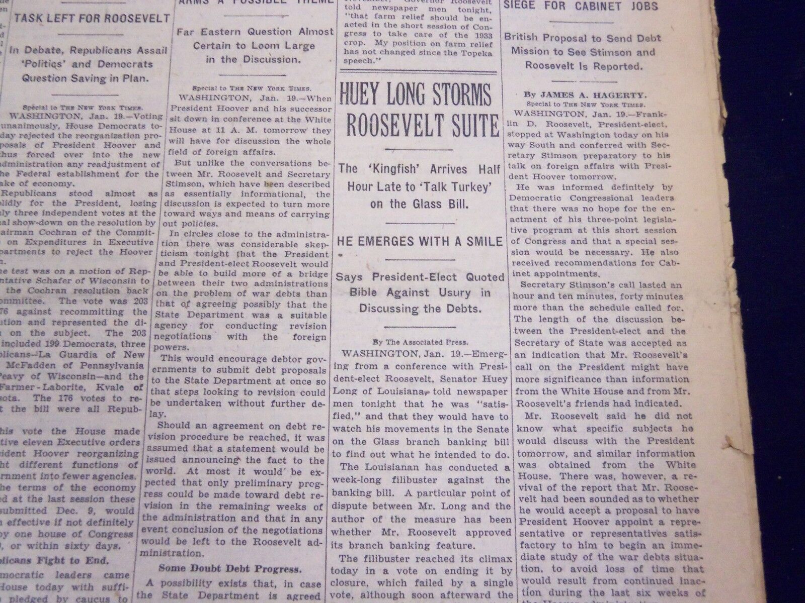 1933 JANUARY 20 NEW YORK TIMES - HUEY LONG, ROOSEVELT TALK - NT 3862