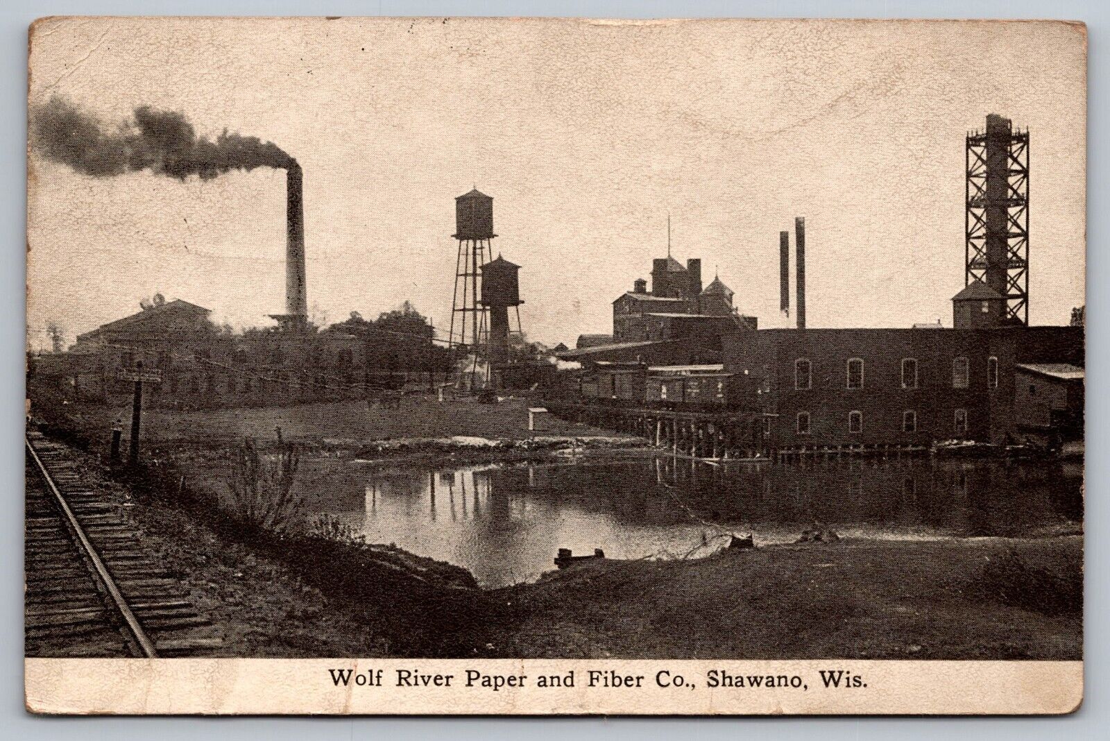 Wolf River Paper and Fiber Co.-Shawano Wisconsin VTG c1911 Postcard-Smoke Stack