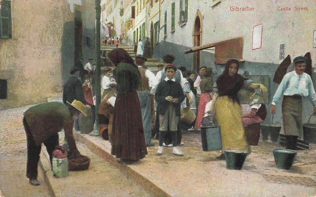 c1905 Gibraltar Castle Street Scene People Women Children Buckets P2