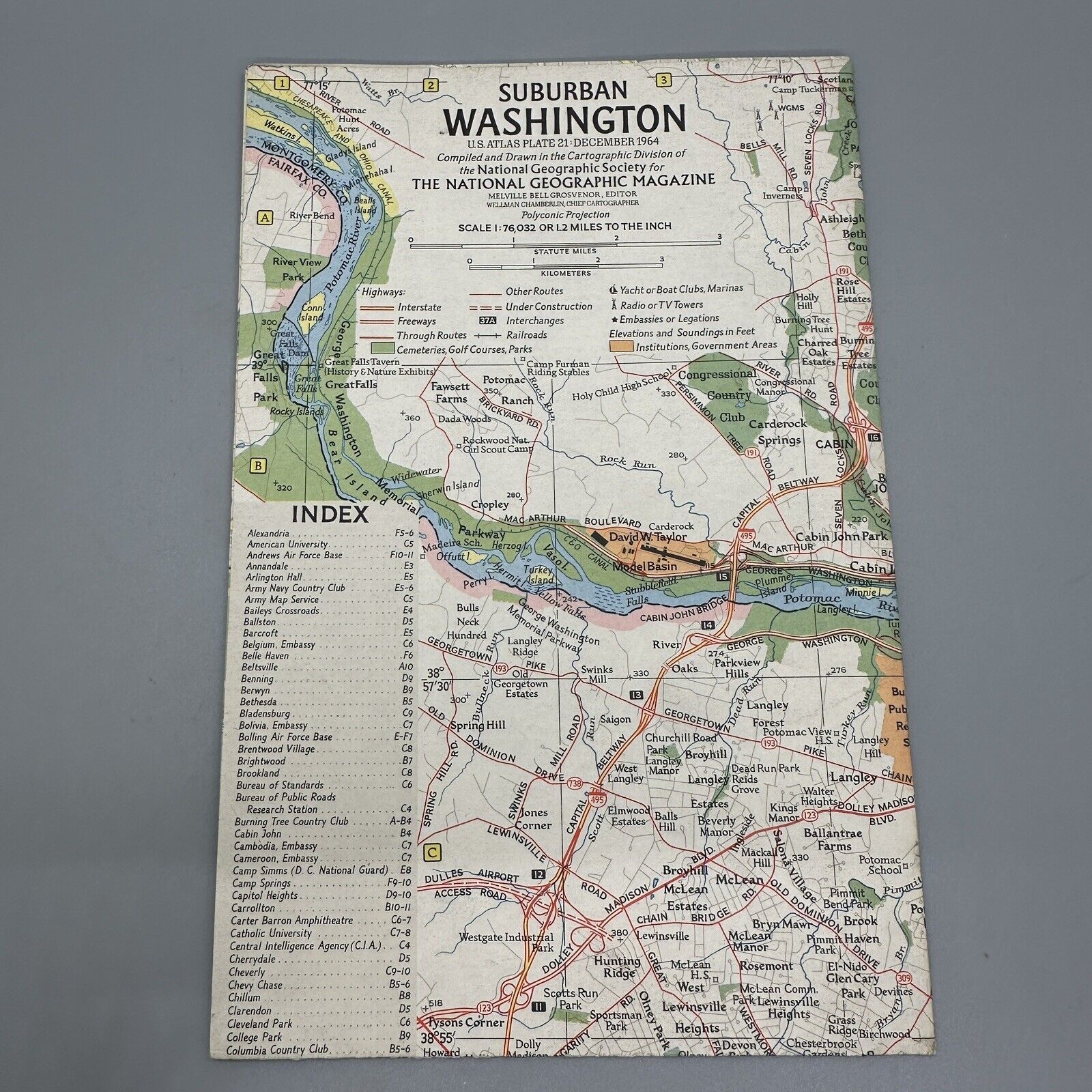 1964 Suburban Washington National Geographic Vintage Map, MCM Poster Art