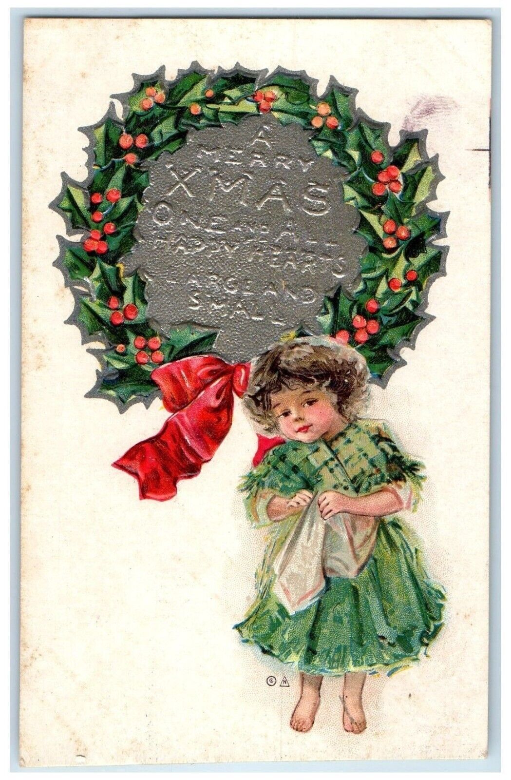 c1910's Christmas Little Girl Whreat Embossed Unposted Antique Postcard