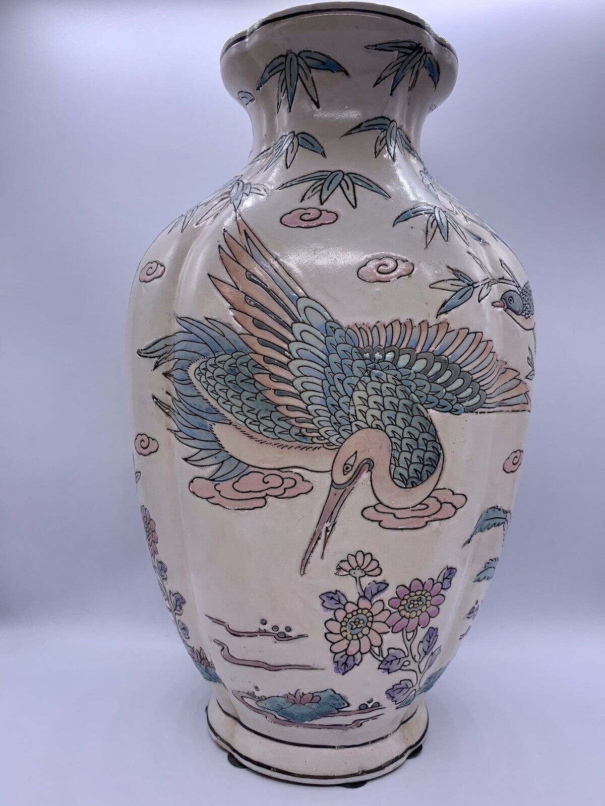 Vintage Mid Century Modern Asian Chinoserie Vase with Florals, Bamboo, and Birds