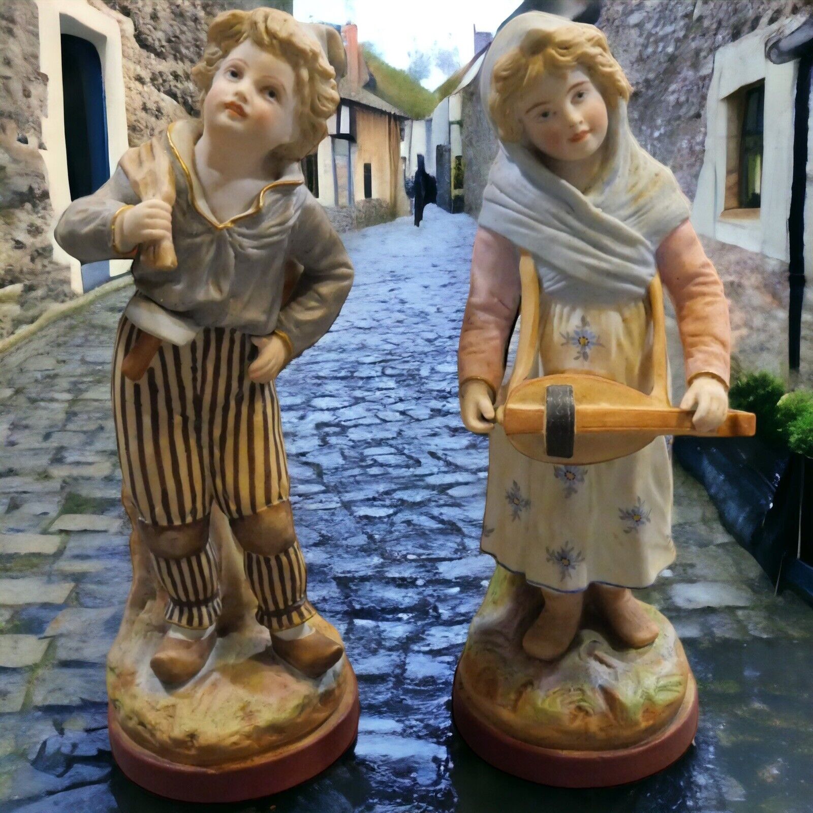 Late 19th Century French Mauger ets Fils Bisque Young Boy & Girl Figurines