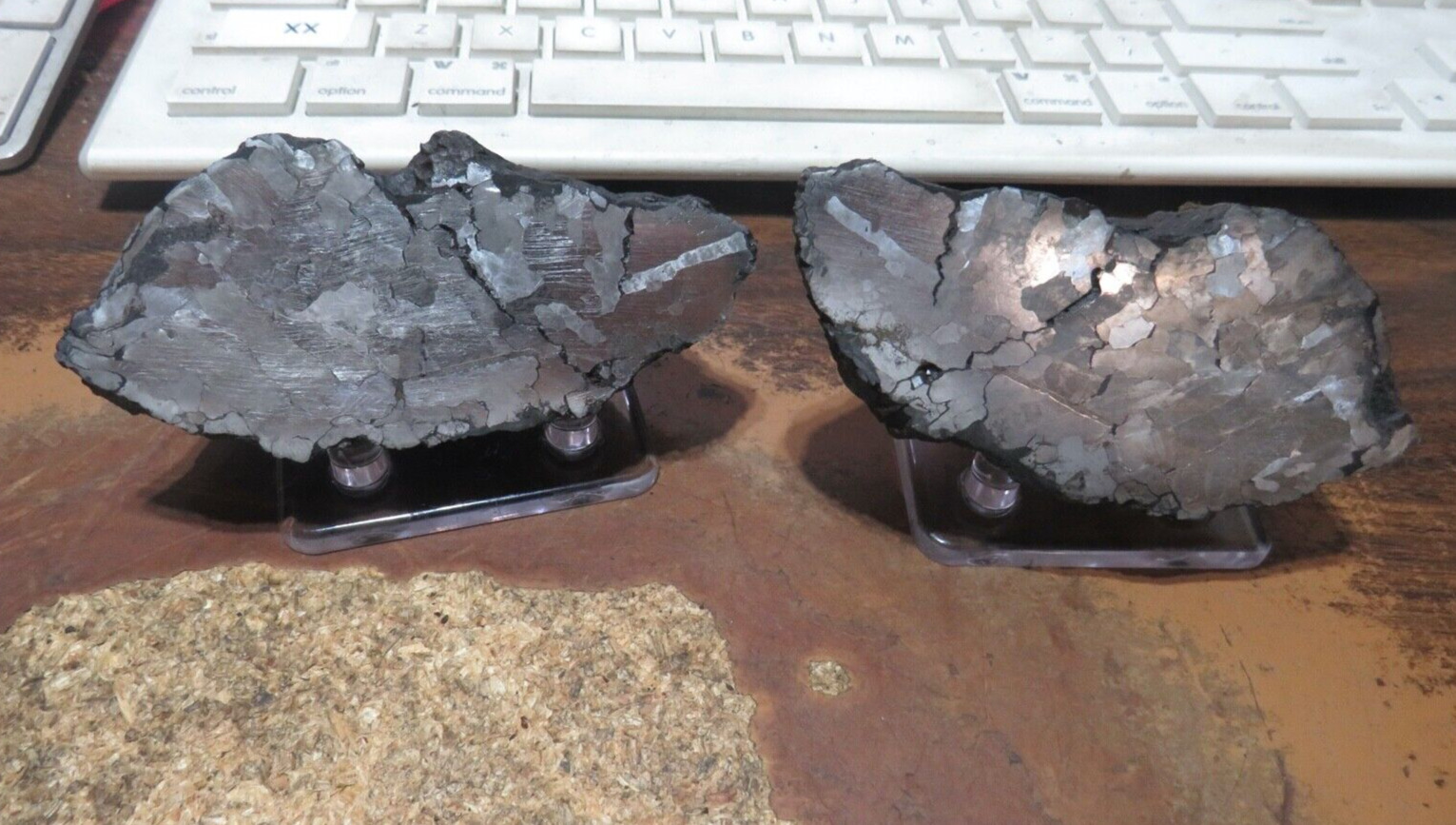 BEAUTIFUL 1098 GM. ETCHED CAMPO DEL CIELO METEORITE PAIR 2.4 LBS STANDS