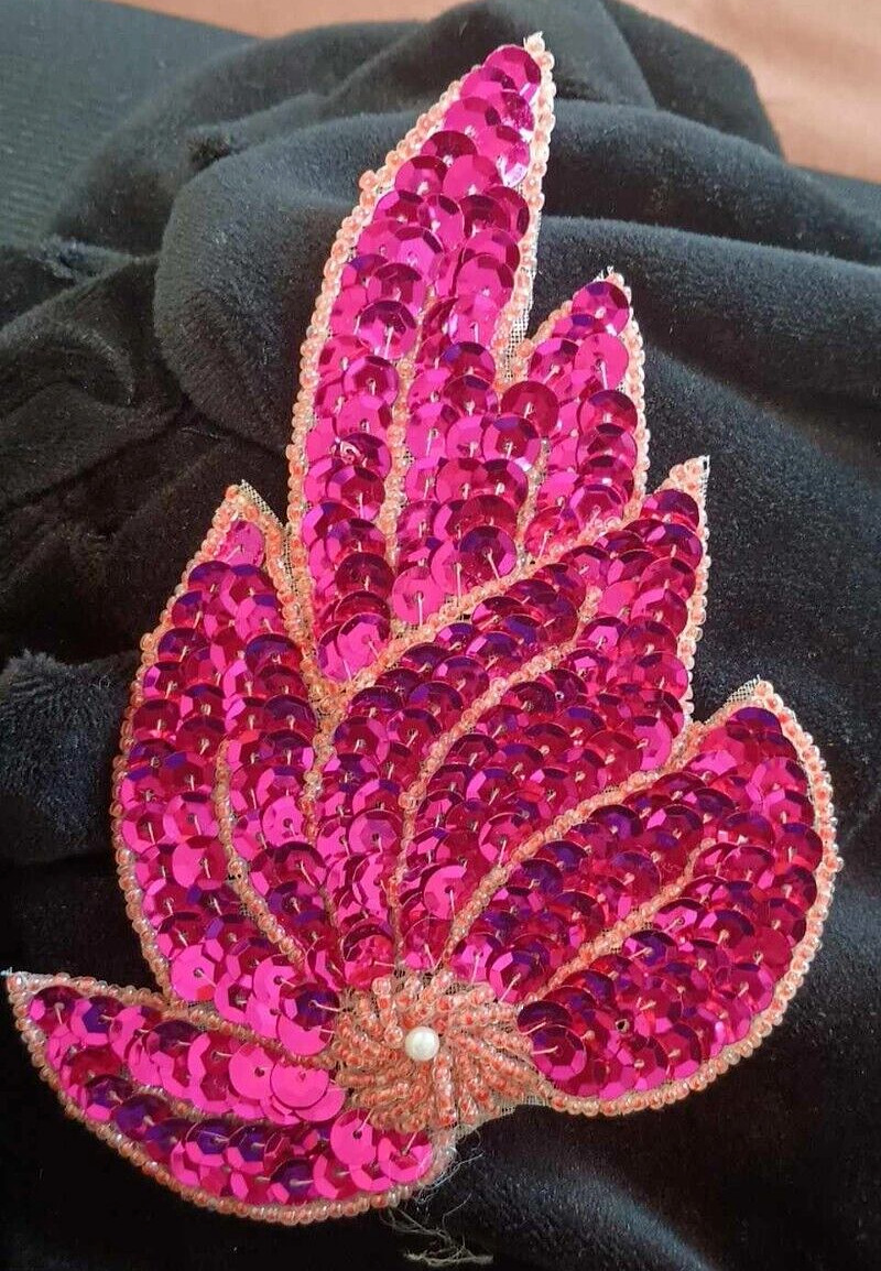 Vintage Large Sequin Flower & Leafs Applique Hand Made Crystal red