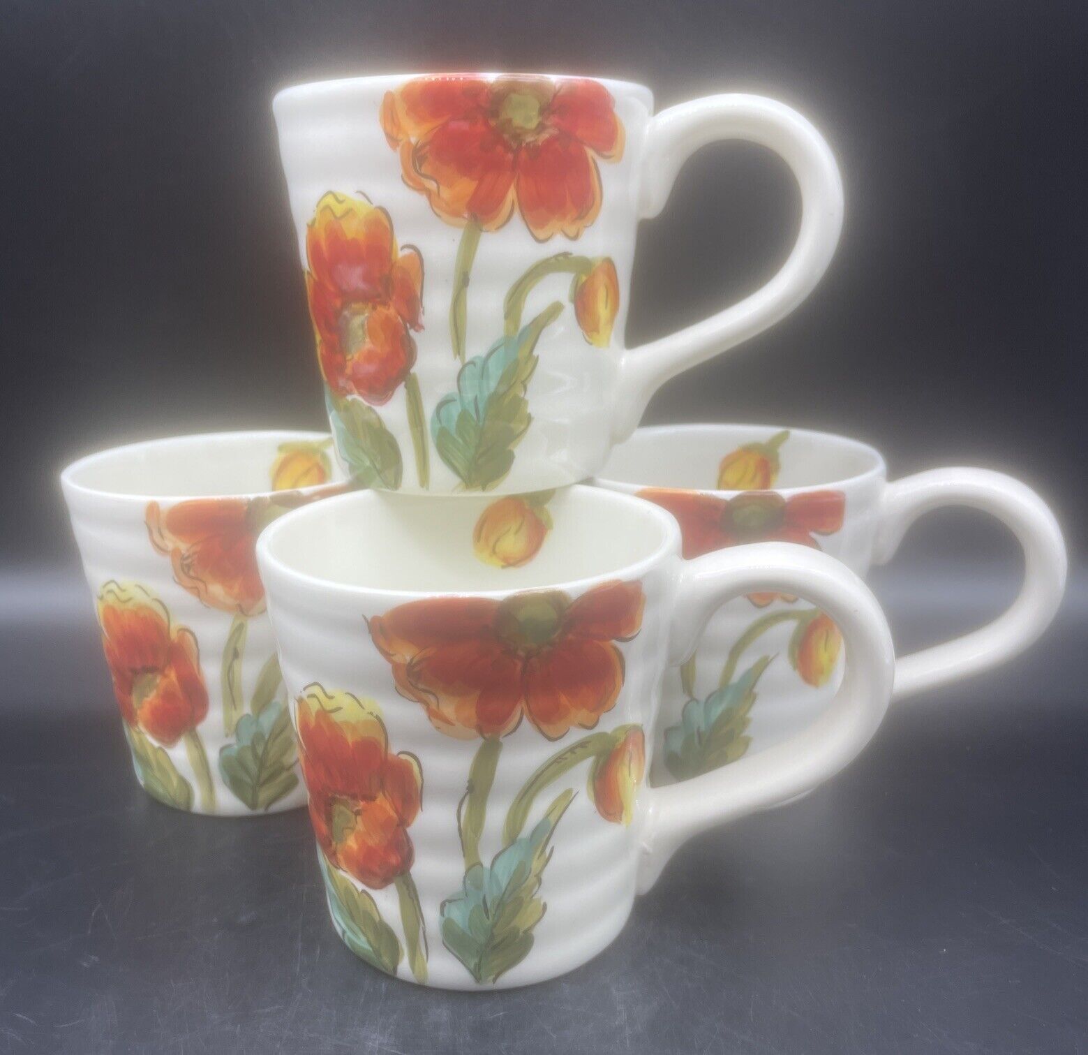 Maxcera WATER POPPY Bright Floral Ceramic Oversized Jumbo Mug 20oz Set Of 4