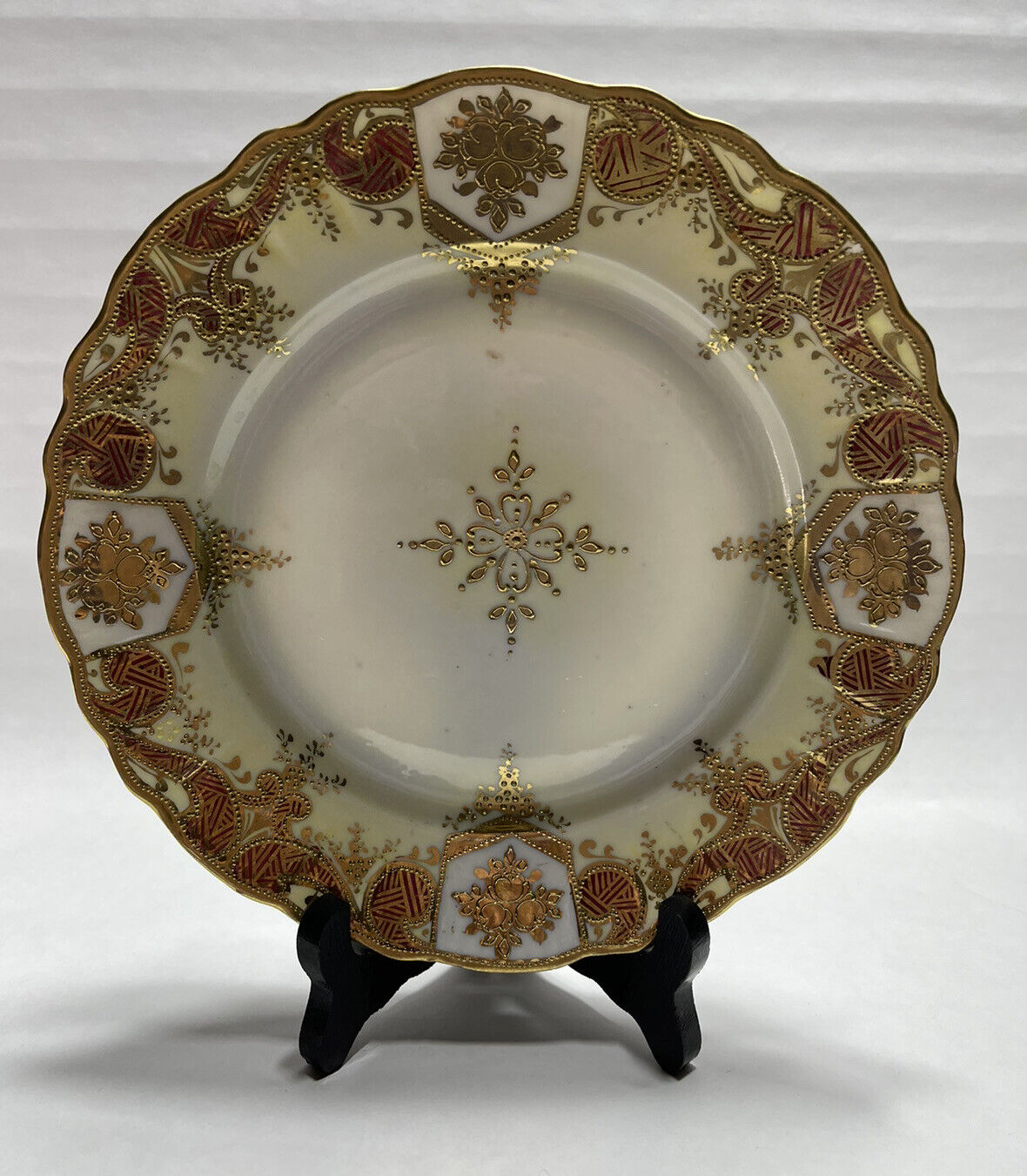 Antique Heavy Gilt Moriage 9” Plate with Medallion Unmarked Beautiful