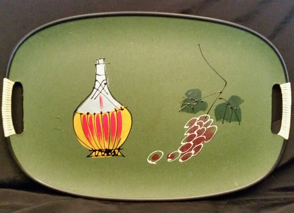 Mid-Century hand decorated Holmar Japan green serving tray wine & grape theme