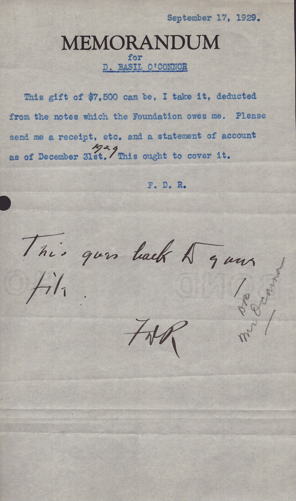 FRANKLIN D. ROOSEVELT - ANNOTATED TYPED MEMO SIGNED 09/17/1929