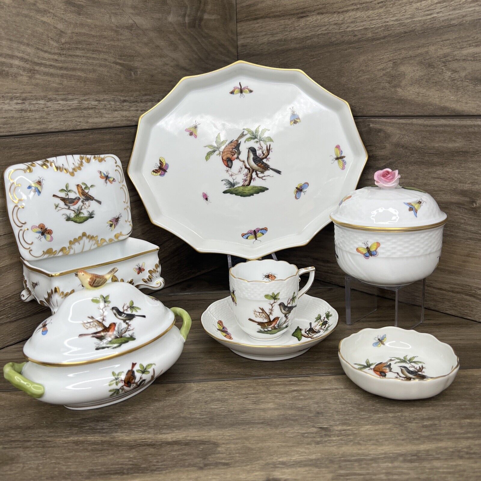 Herend Hungary Hand-Painted Porcelain Coffee/Tea Set 10 Piece - Rothschild Bird