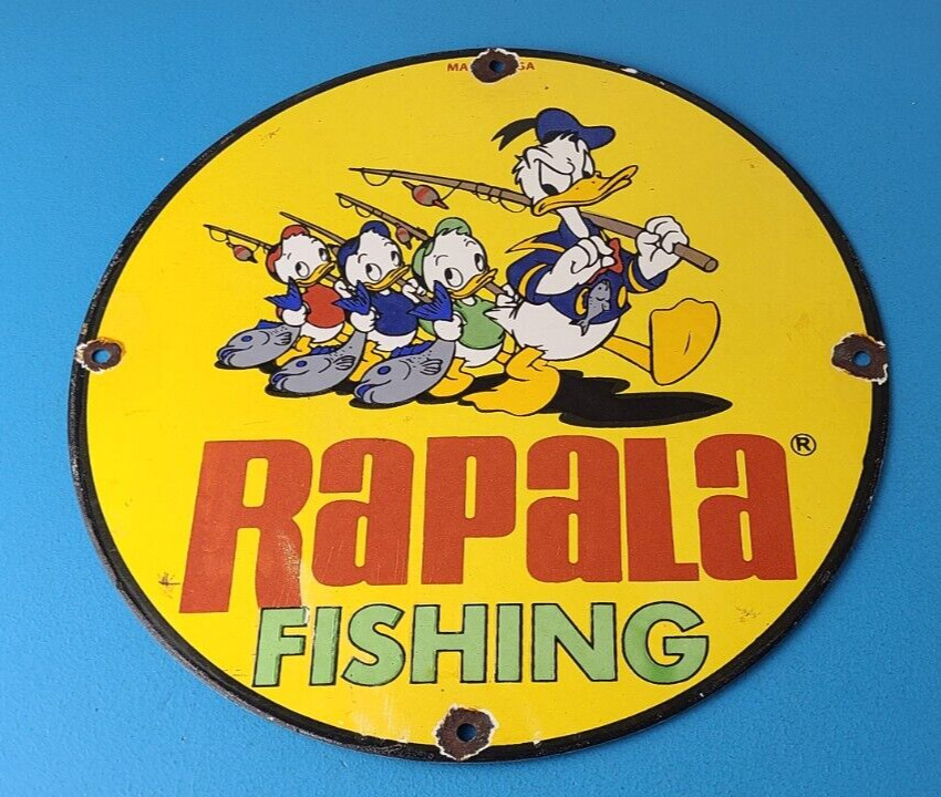 Vintage Rapala Fishing Lures Ad Sign - Donald Duck Porcelain Gas Pump Plate Sign