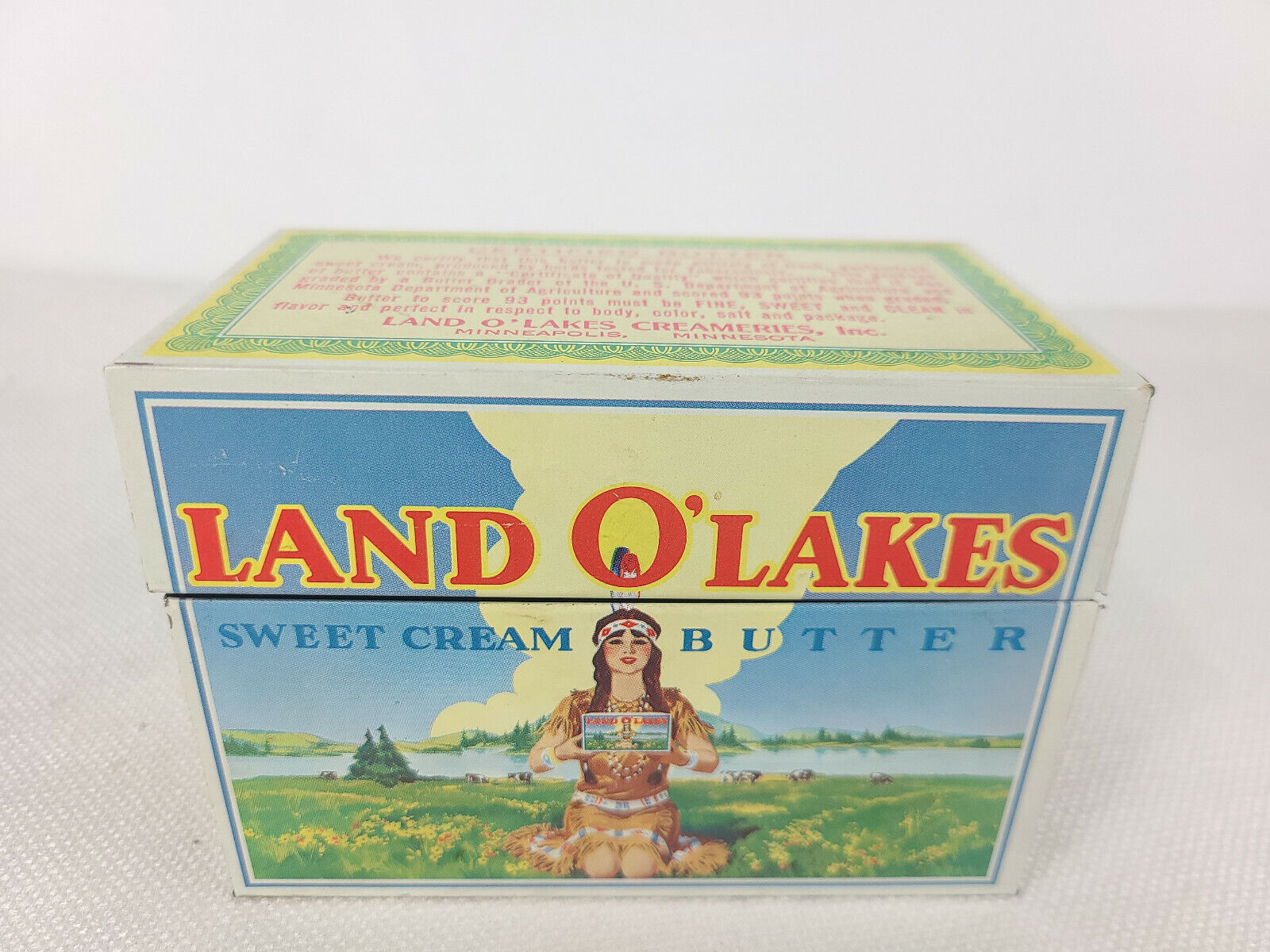 Vintage LAND O LAKES Sweet Cream Butter 1 lb Net Metal Tin Recipe Retired Maiden