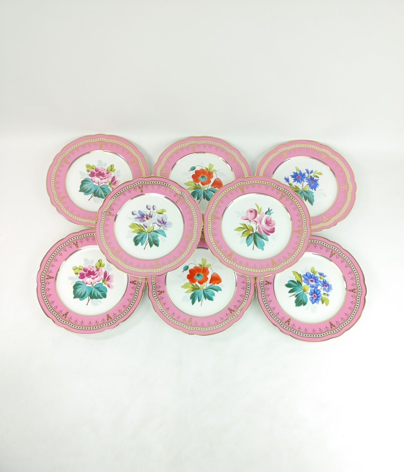 Two's Company Pink - Red - Blue - Purple - Flower Gold Rim Plates Porcelain Set