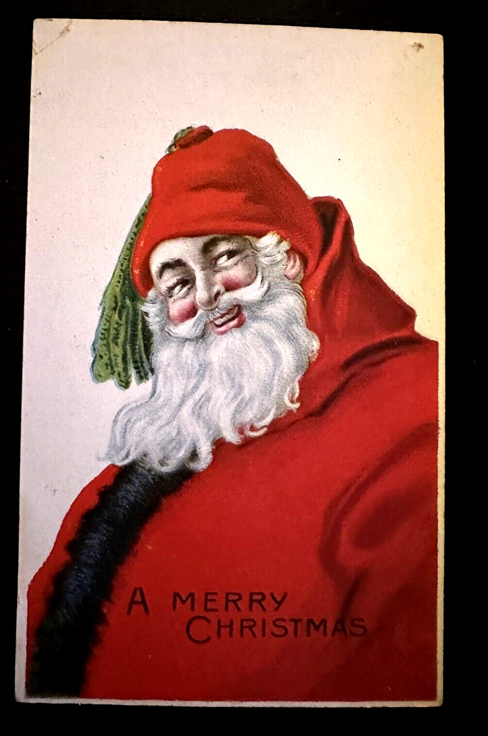 Rare~Smiling~Red Robe Santa Claus with Hood & Tassel~Christmas Postcard-k667